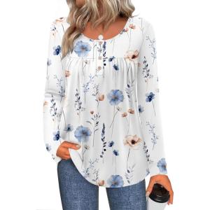 Zeagoo Long Sleeve Shirts for Women Fall Fashion Dressy Casual Blouses Trendy Pleated Tunic Tops for Leggings 2025(A-white Flower-bf290)