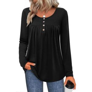 Zeagoo Long Sleeve Shirts for Women Fall Fashion Dressy Casual Blouses Trendy Pleated Tunic Tops for Leggings 2025(Black)