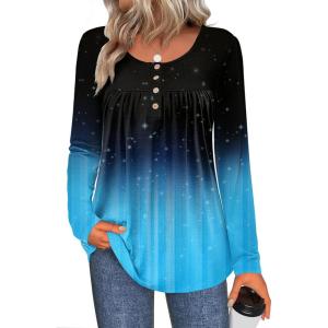 Zeagoo Long Sleeve Shirts for Women Fall Fashion Dressy Casual Blouses Trendy Pleated Tunic Tops for Leggings 2025(Black Blue-jb207)