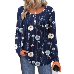 Zeagoo Long Sleeve Shirts for Women Fall Fashion Dressy Casual Blouses Trendy Pleated Tunic Tops for Leggings 2025(Blue Flower-bf318)