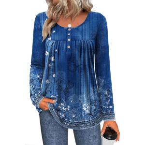 Zeagoo Long Sleeve Shirts for Women Fall Fashion Dressy Casual Blouses Trendy Pleated Tunic Tops for Leggings 2025(Blue Flower-mz845)