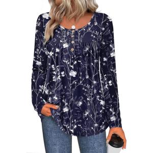 Zeagoo Long Sleeve Shirts for Women Fall Fashion Dressy Casual Blouses Trendy Pleated Tunic Tops for Leggings 2025(Blue-sf180)
