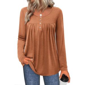 Zeagoo Long Sleeve Shirts for Women Fall Fashion Dressy Casual Blouses Trendy Pleated Tunic Tops for Leggings 2025(Caramel)