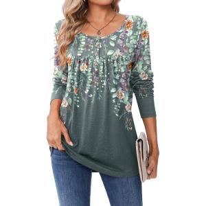 Zeagoo Long Sleeve Shirts for Women Fall Fashion Dressy Casual Blouses Trendy Pleated Tunic Tops for Leggings 2025(Gray Print-wf71)