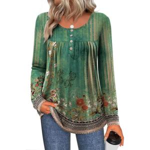 Zeagoo Long Sleeve Shirts for Women Fall Fashion Dressy Casual Blouses Trendy Pleated Tunic Tops for Leggings 2025(Green Flower-mz839)