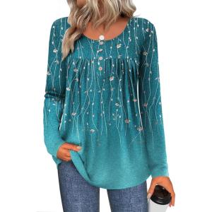 Zeagoo Long Sleeve Shirts for Women Fall Fashion Dressy Casual Blouses Trendy Pleated Tunic Tops for Leggings 2025(Green Leave-xh363)
