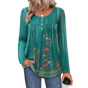 Zeagoo Long Sleeve Shirts for Women Fall Fashion Dressy Casual Blouses Trendy Pleated Tunic Tops for Leggings 2025(Green Print-mz871)