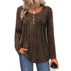 Zeagoo Long Sleeve Shirts for Women Fall Fashion Dressy Casual Blouses Trendy Pleated Tunic Tops for Leggings 2025(Leopard-an427)