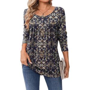Zeagoo Long Sleeve Shirts for Women Fall Fashion Dressy Casual Blouses Trendy Pleated Tunic Tops for Leggings 2025(Multicolor-mz869)