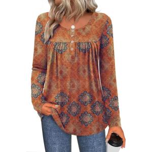 Zeagoo Long Sleeve Shirts for Women Fall Fashion Dressy Casual Blouses Trendy Pleated Tunic Tops for Leggings 2025(Orange-mz836)