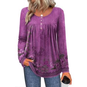 Zeagoo Long Sleeve Shirts for Women Fall Fashion Dressy Casual Blouses Trendy Pleated Tunic Tops for Leggings 2025(Purple Flower-mz841)