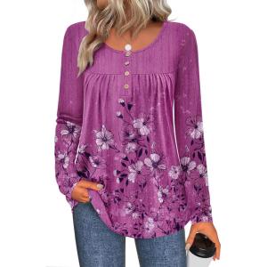 Zeagoo Long Sleeve Shirts for Women Fall Fashion Dressy Casual Blouses Trendy Pleated Tunic Tops for Leggings 2025(Purple-sf219)