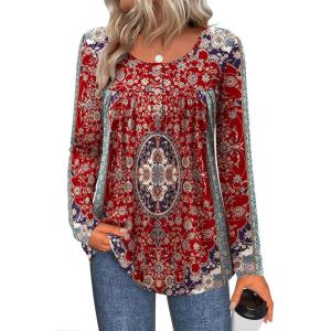 Zeagoo Long Sleeve Shirts for Women Fall Fashion Dressy Casual Blouses Trendy Pleated Tunic Tops for Leggings 2025(Red Print-mz870)