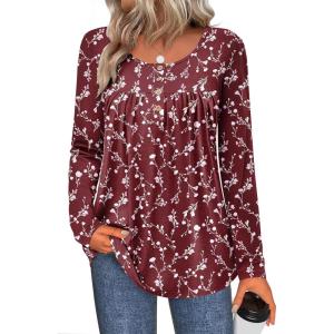 Zeagoo Long Sleeve Shirts for Women Fall Fashion Dressy Casual Blouses Trendy Pleated Tunic Tops for Leggings 2025(Wine Red-bf321)