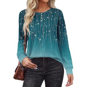 Zeagoo Long Sleeve Shirts for Women Henley T Shirts Loose Fit Tunics Dressy Casual Work Blouses Fall Fashion Tops(Blue Vine)