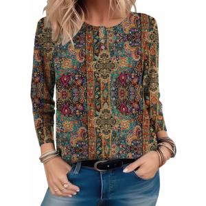 Zeagoo Long Sleeve Shirts for Women Henley T Shirts Loose Fit Tunics Dressy Casual Work Blouses Fall Fashion Tops(Brown Boho)
