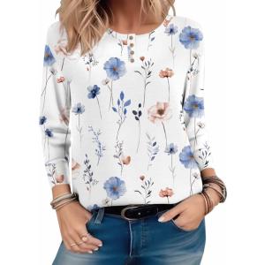 Zeagoo Long Sleeve Shirts for Women Henley T Shirts Loose Fit Tunics Dressy Casual Work Blouses Fall Fashion Tops(Floral White)