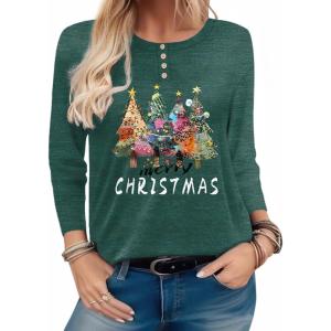 Zeagoo Long Sleeve Shirts for Women Henley T Shirts Loose Fit Tunics Dressy Casual Work Blouses Fall Fashion Tops(Green Christmas Tree)