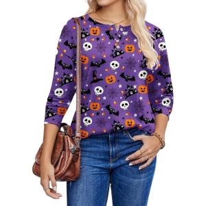 Zeagoo Long Sleeve Shirts for Women Henley T Shirts Loose Fit Tunics Dressy Casual Work Blouses Fall Fashion Tops(Halloween Purple)