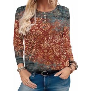 Zeagoo Long Sleeve Shirts for Women Henley T Shirts Loose Fit Tunics Dressy Casual Work Blouses Fall Fashion Tops(Multicolor Ethnic Printed)