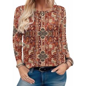 Zeagoo Long Sleeve Shirts for Women Henley T Shirts Loose Fit Tunics Dressy Casual Work Blouses Fall Fashion Tops(Paisley Printed)