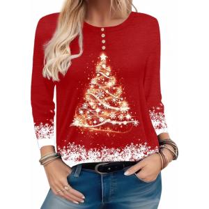 Zeagoo Long Sleeve Shirts for Women Henley T Shirts Loose Fit Tunics Dressy Casual Work Blouses Fall Fashion Tops(Red Christmas Tree)