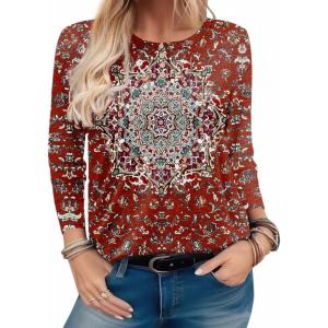 Zeagoo Long Sleeve Shirts for Women Henley T Shirts Loose Fit Tunics Dressy Casual Work Blouses Fall Fashion Tops(Red Ethnic Printed)