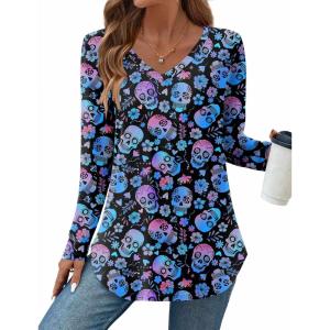 Zeagoo Long Sleeve Tops for Women V Neck Shirt Loose Fall Tunic Tops Dressy Casual Work Blouse 2026(Blue Skull)