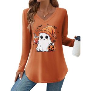Zeagoo Long Sleeve Tops for Women V Neck Shirt Loose Fall Tunic Tops Dressy Casual Work Blouse 2026(Orange Spooky)