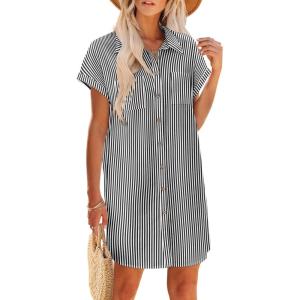 Zeagoo Summer Dresses for Women 2026 Cotton Button Down Short Sleeve Tshirt Dresses Casual Mini Beach Dress(01-black+white Stripe)