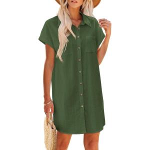 Zeagoo Summer Dresses for Women 2026 Cotton Button Down Short Sleeve Tshirt Dresses Casual Mini Beach Dress(Army Green)