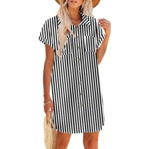 Zeagoo Summer Dresses for Women 2026 Cotton Button Down Short Sleeve Tshirt Dresses Casual Mini Beach Dress(Black+white Stripe 02)