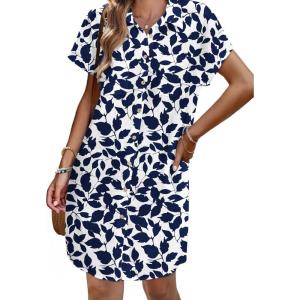Zeagoo Summer Dresses for Women 2026 Cotton Button Down Short Sleeve Tshirt Dresses Casual Mini Beach Dress(Blue Leaf Print)