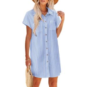 Zeagoo Summer Dresses for Women 2026 Cotton Button Down Short Sleeve Tshirt Dresses Casual Mini Beach Dress(Blue+white Stripe)