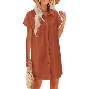 Zeagoo Summer Dresses for Women 2026 Cotton Button Down Short Sleeve Tshirt Dresses Casual Mini Beach Dress(Brick Red)