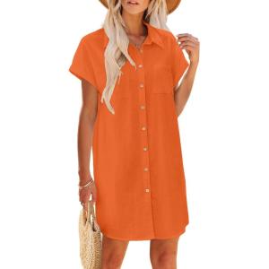 Zeagoo Summer Dresses for Women 2026 Cotton Button Down Short Sleeve Tshirt Dresses Casual Mini Beach Dress(Orange)