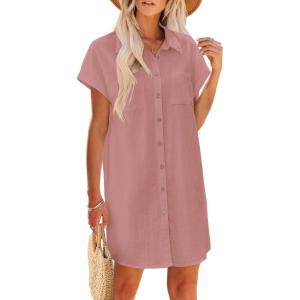 Zeagoo Summer Dresses for Women 2026 Cotton Button Down Short Sleeve Tshirt Dresses Casual Mini Beach Dress(Pink)