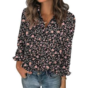 Zeagoo Women Blouses Chiffon Long Sleeve Button Down Shirts Business Causal Dressy Work Top V Neck Summer Spring Clothes(Black Floral)