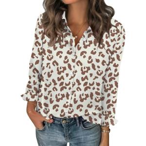 Zeagoo Women Blouses Chiffon Long Sleeve Button Down Shirts Business Causal Dressy Work Top V Neck Summer Spring Clothes(Leopard Apricot)