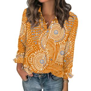 Zeagoo Women Blouses Chiffon Long Sleeve Button Down Shirts Business Causal Dressy Work Top V Neck Summer Spring Clothes(Mandala Pattern)