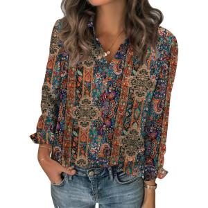 Zeagoo Women Blouses Chiffon Long Sleeve Button Down Shirts Business Causal Dressy Work Top V Neck Summer Spring Clothes(Multicolor 721)