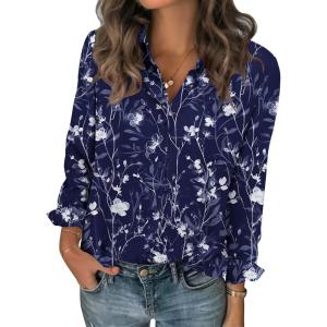 Zeagoo Women Blouses Chiffon Long Sleeve Button Down Shirts Business Causal Dressy Work Top V Neck Summer Spring Clothes(Navy Floral)