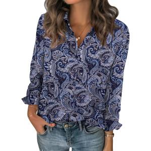 Zeagoo Women Blouses Chiffon Long Sleeve Button Down Shirts Business Causal Dressy Work Top V Neck Summer Spring Clothes(Paisley Navy)