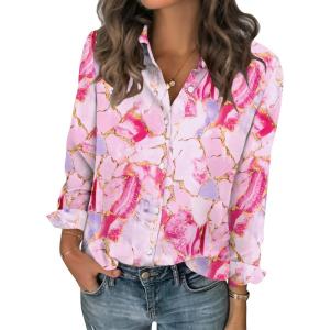 Zeagoo Women Blouses Chiffon Long Sleeve Button Down Shirts Business Causal Dressy Work Top V Neck Summer Spring Clothes(Pink Marble Pattern)