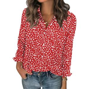 Zeagoo Women Blouses Chiffon Long Sleeve Button Down Shirts Business Causal Dressy Work Top V Neck Summer Spring Clothes(Red White Polka Dots)