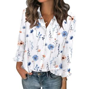 Zeagoo Women Blouses Chiffon Long Sleeve Button Down Shirts Business Causal Dressy Work Top V Neck Summer Spring Clothes(White Floral)