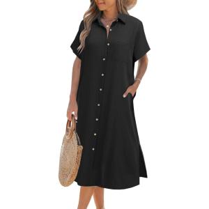 Zeagoo Women Dresses Summer Casual Short Sleeve Button Down Shirt Dresses 2026 Beach Cover Up with Pockets(A01-black)