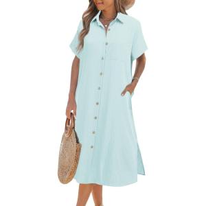 Zeagoo Women Dresses Summer Casual Short Sleeve Button Down Shirt Dresses 2026 Beach Cover Up with Pockets(Baby Blue)