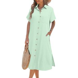 Zeagoo Women Dresses Summer Casual Short Sleeve Button Down Shirt Dresses 2026 Beach Cover Up with Pockets(Ice Green)