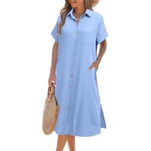 Zeagoo Women Dresses Summer Casual Short Sleeve Button Down Shirt Dresses 2026 Beach Cover Up with Pockets(Light Blue)